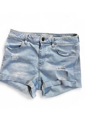Pacsun light wash super stretchy shortie distressed denim summer shorts Sz 27”